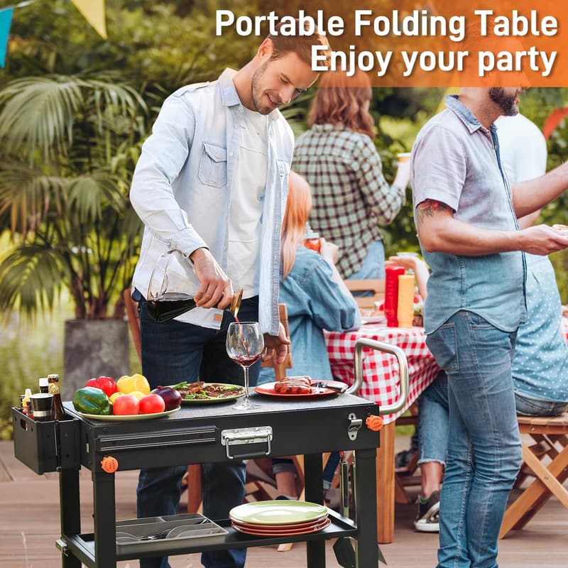 Folding Portable Grill Table with Wheels for BBQ and Pizza Oven
