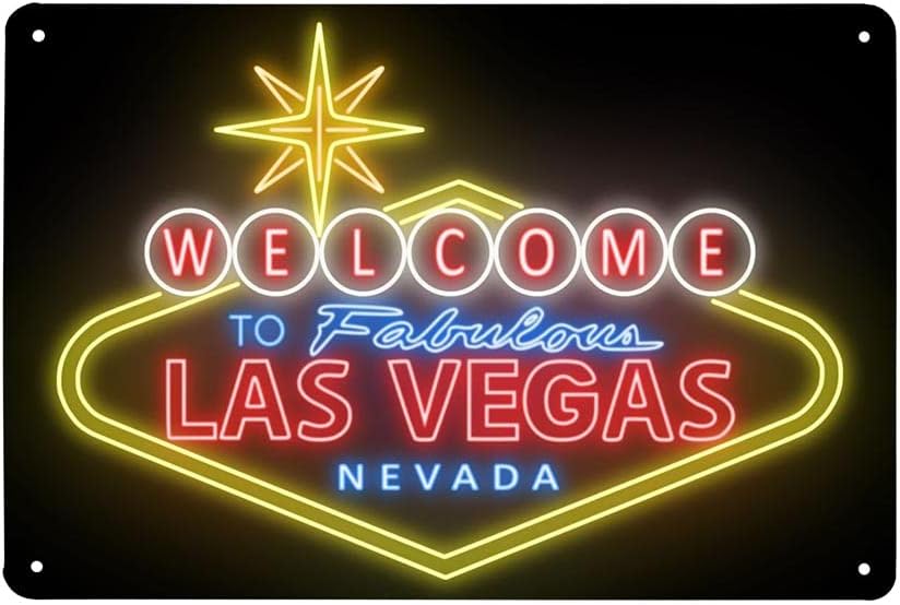 Vegas Neon Welcome Sign - Retro Metal Wall Art (12x8 Inches)
