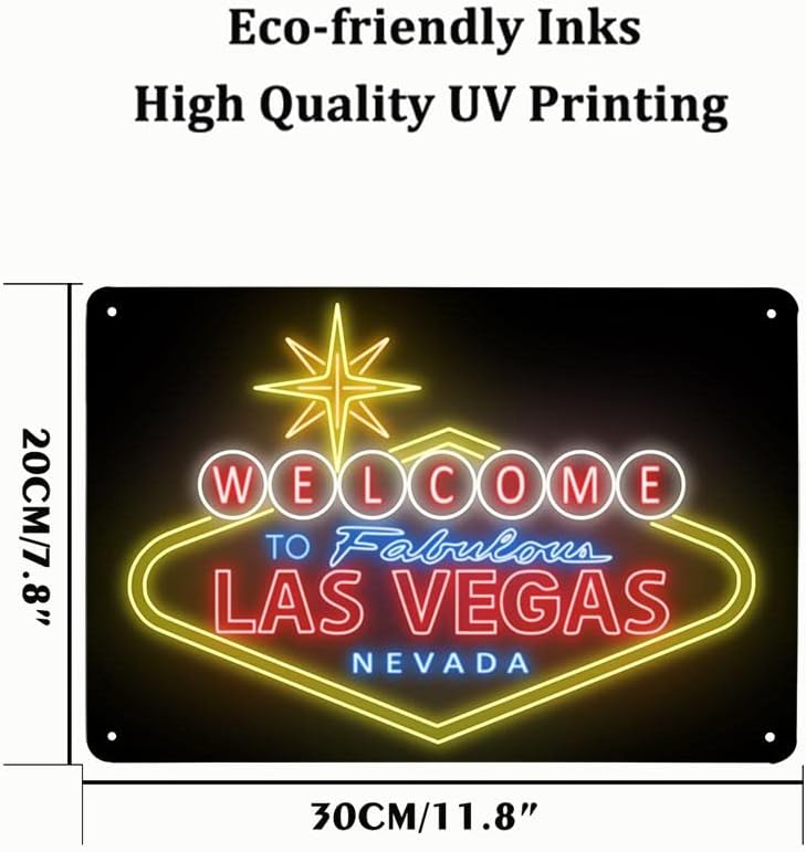 Vegas Neon Welcome Sign - Retro Metal Wall Art (12x8 Inches)