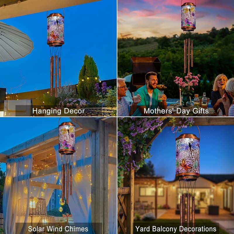 Dragonfly Solar Wind Chimes - Outdoor Garden Decor for Mom