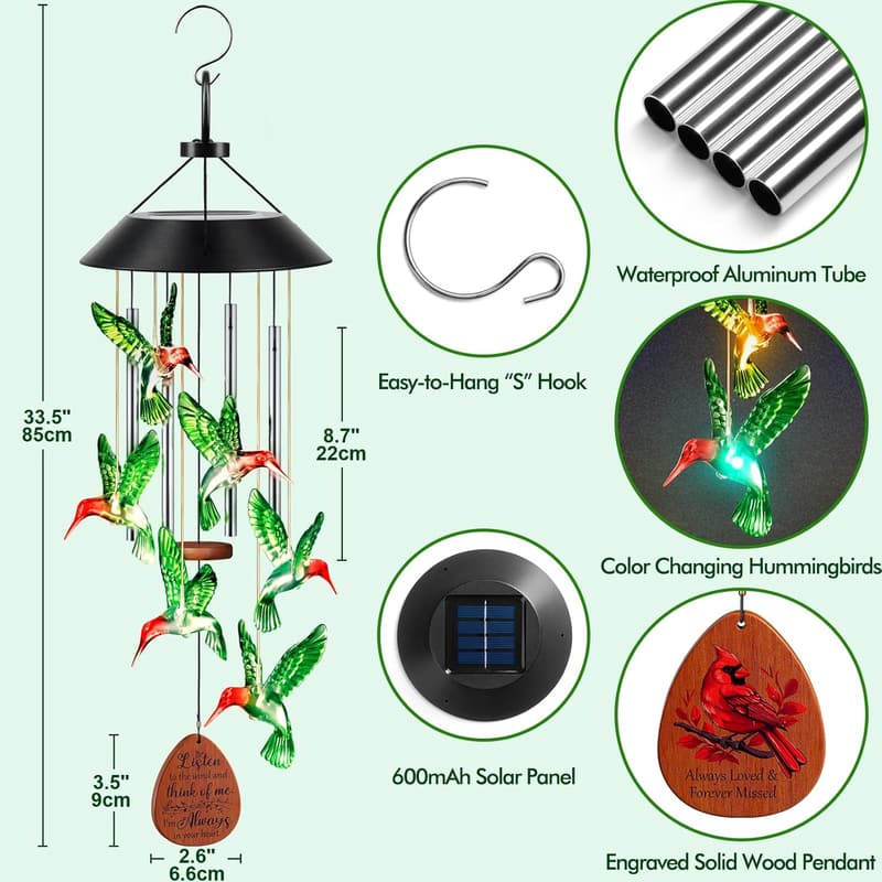 Long Distance Friendship Gift - Hummingbird Solar Wind Chimes