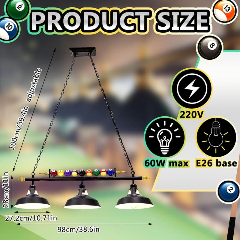 Adjustable 3-Light Pool Table Pendant Light Fixture