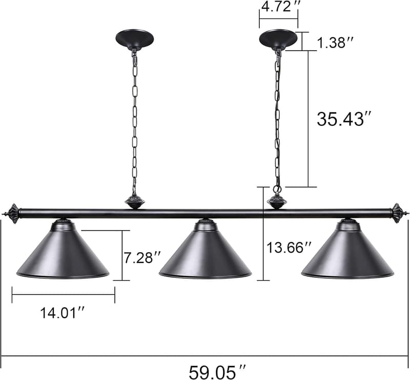 Vintage Industrial 3-Light Pool Table Pendant with Black Shade