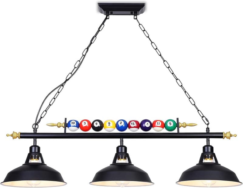 3-Light Billiard Pool Table Pendant Lights, Black Metal Shades