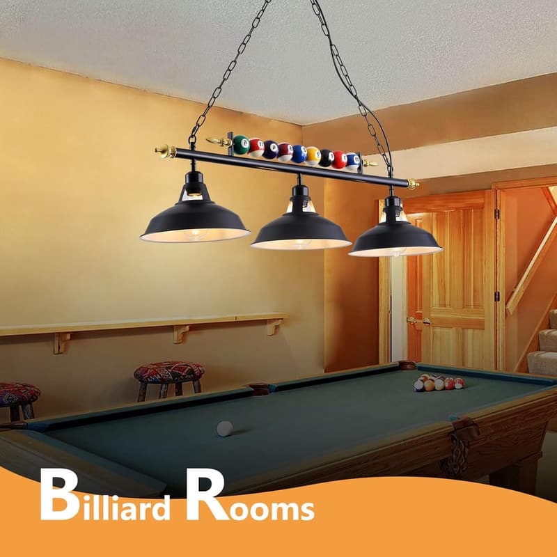 3-Light Billiard Pool Table Pendant Lights, Black Metal Shades