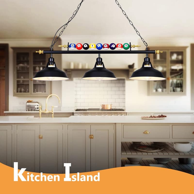3-Light Billiard Pool Table Pendant Lights, Black Metal Shades