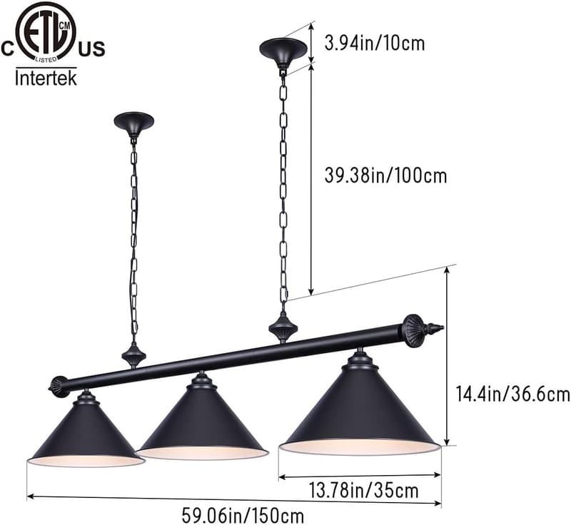 Billiard Pool Table Light Pendant with Matte Black Shade