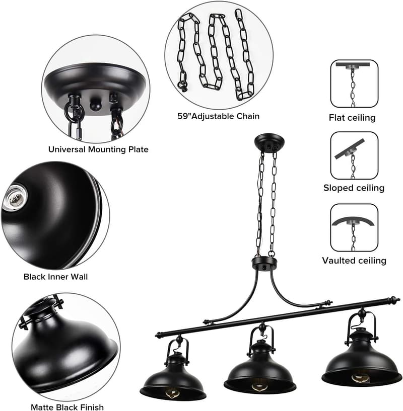 Vintage 3-Light Adjustable Pendant Chandelier for Dining Room