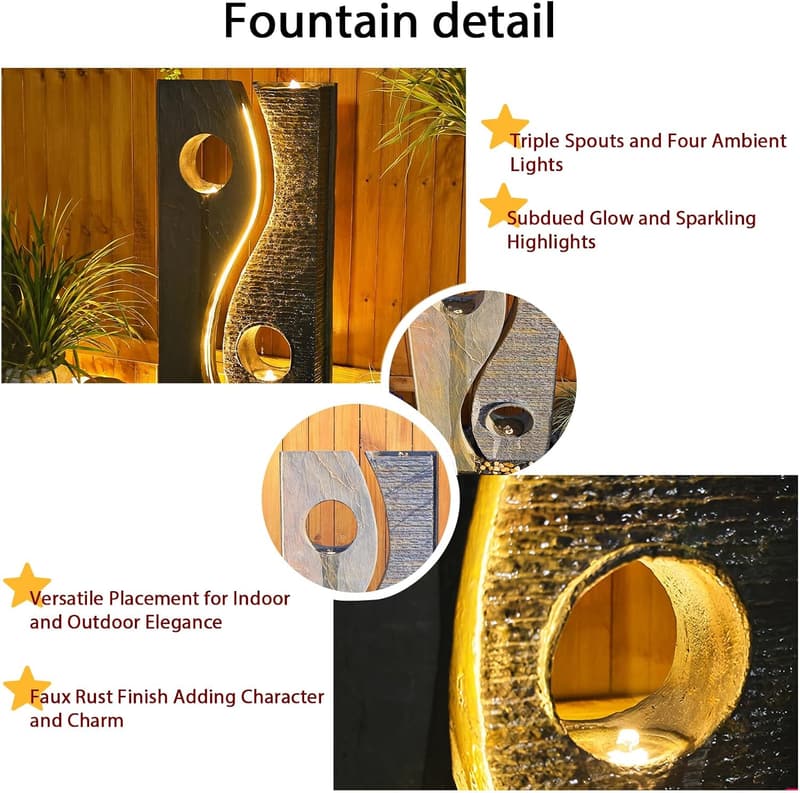 Large Freestanding Water Fountain with LED Lights for Garden Decor