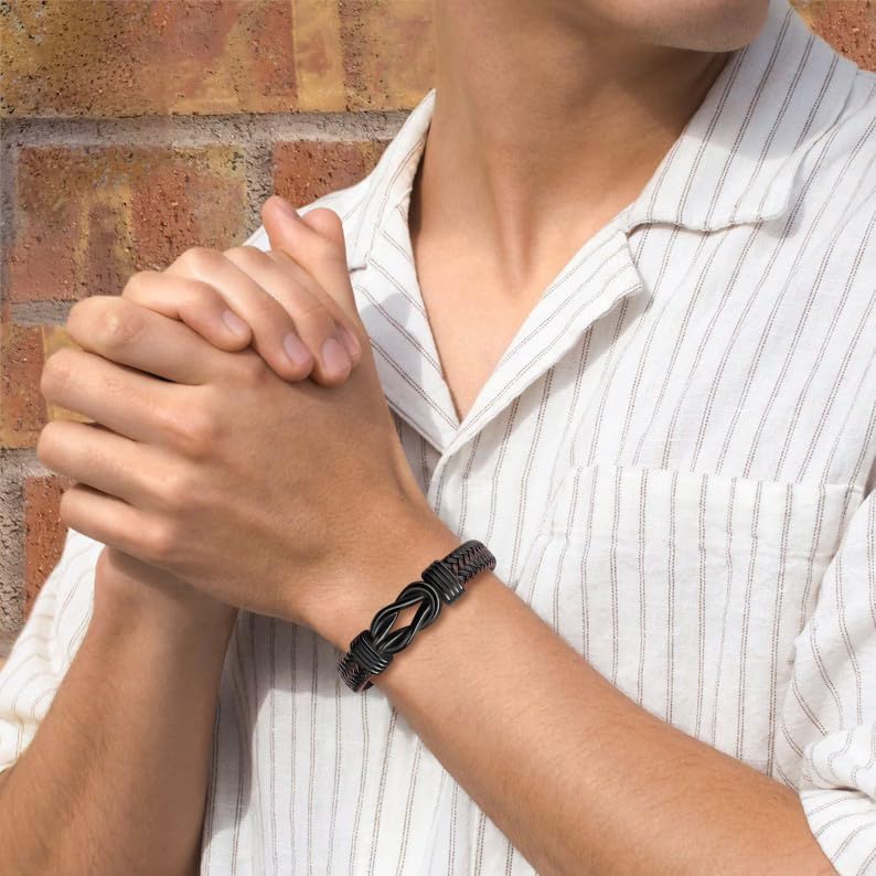 Infinity Bracelet for Men - Brown Braided Leather, Stainless Steel Engraved