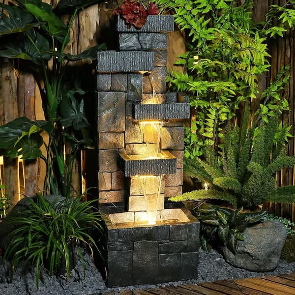 Modern 4-Tier Outdoor Garden Fountain with Lights - 44.5
