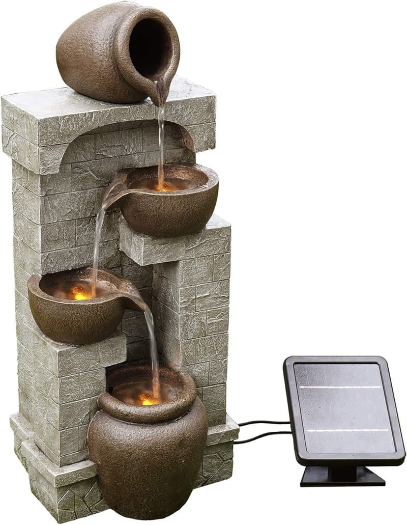 LED Outdoor Water Fountain with Cascading Bowls for Gardens