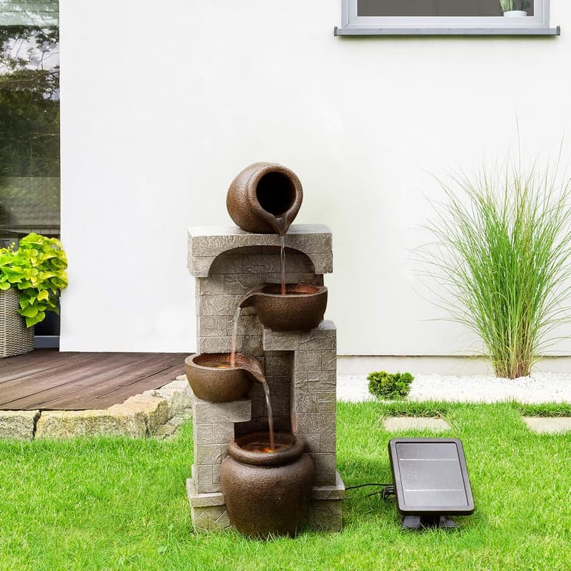 LED Outdoor Water Fountain with Cascading Bowls for Gardens