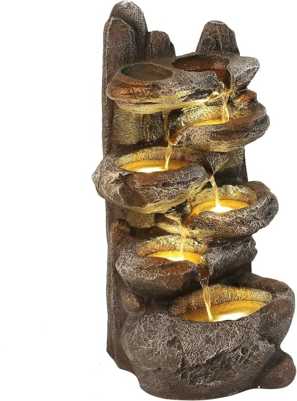 6-Tier Rock Water Fountain with Lights for Outdoor Decor