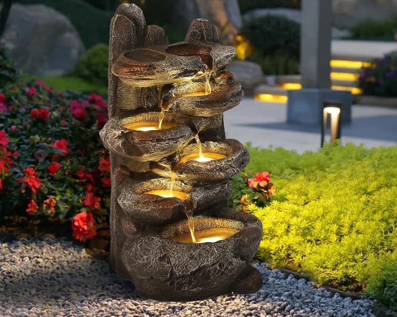 6-Tier Rock Water Fountain with Lights for Outdoor Decor