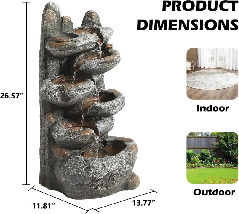 6-Tier Rock Water Fountain with Lights for Outdoor Decor