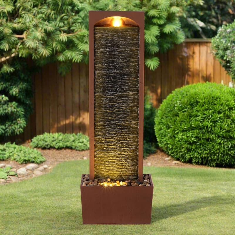 Contemporary Outdoor LED Waterfall Fountain with Pebble Base