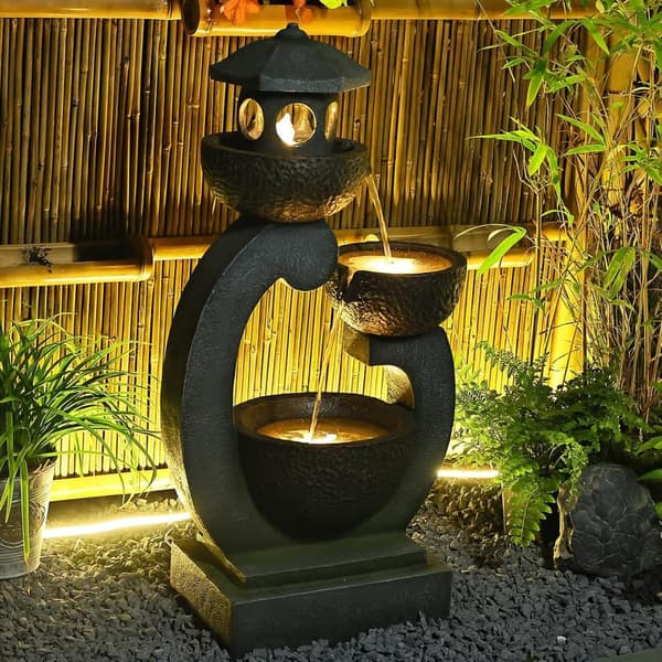 Outdoor Zen Garden Water Fountain with LED Lights, 35.5 inches