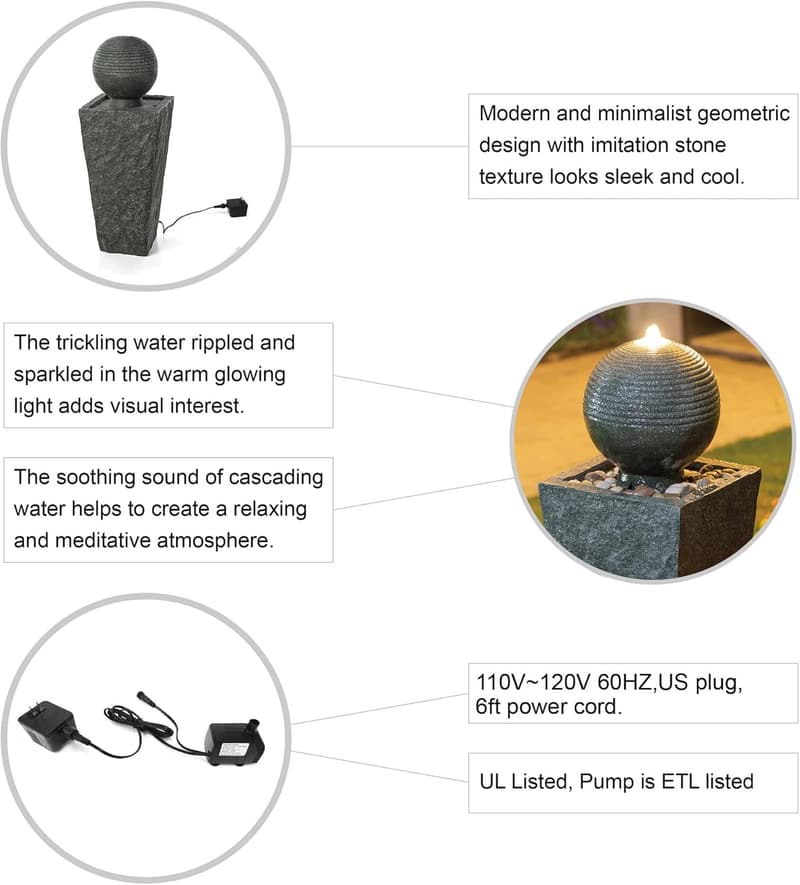 Outdoor LED Water Fountain with Decorative Sphere, 31.69”H