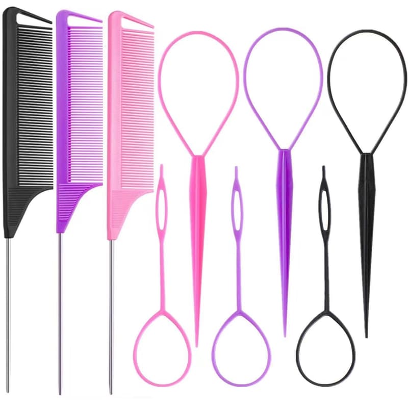 Hair Styling Tool Set for Women - 9 pcs Topsy Tail & Comb Set
