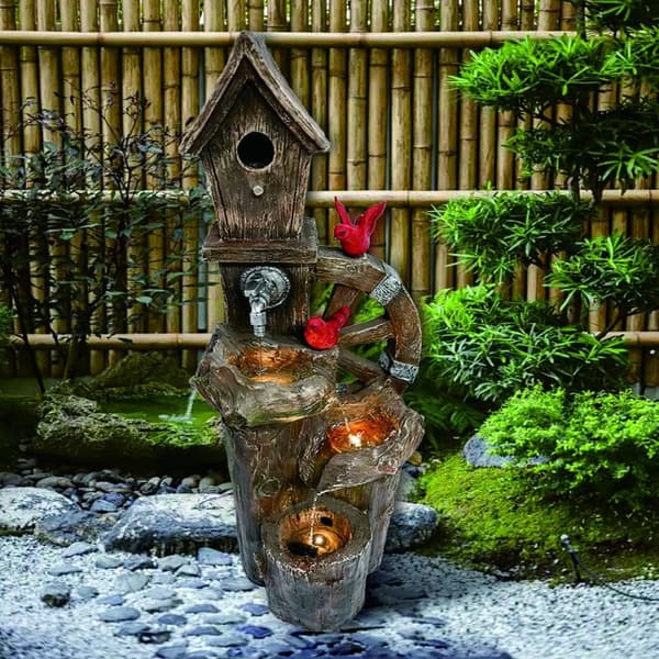 Three-Tier LED Birdhouse Water Fountain for Outdoor Decor