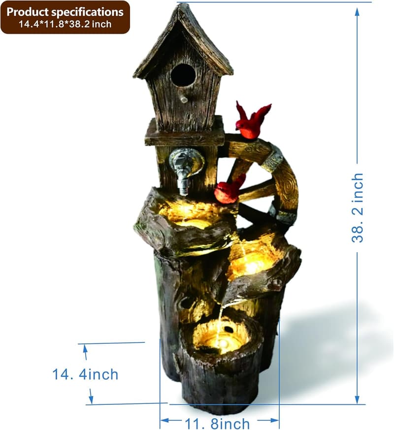 Three-Tier LED Birdhouse Water Fountain for Outdoor Decor