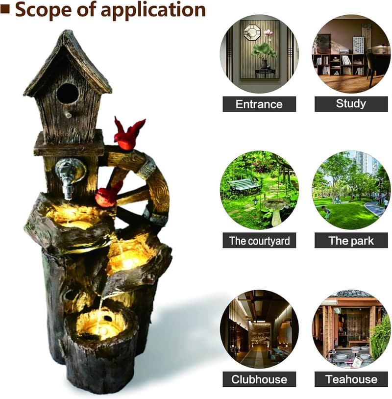 Three-Tier LED Birdhouse Water Fountain for Outdoor Decor