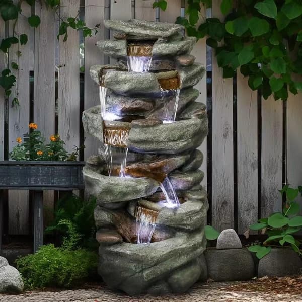 Outdoor Water Fountain - 40.5” 6-Tier LED Cascading Waterfall