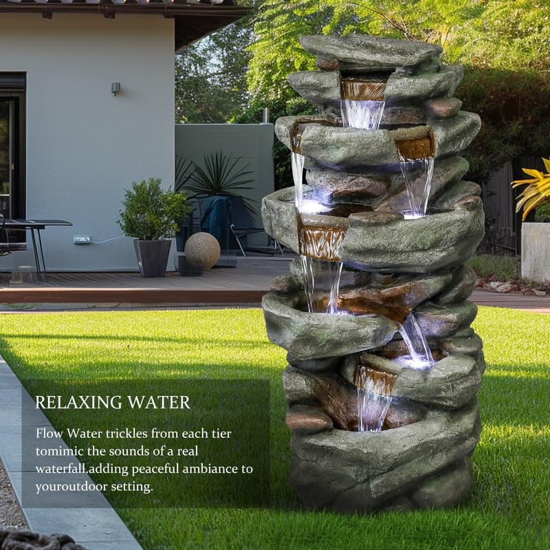 Outdoor Water Fountain - 40.5” 6-Tier LED Cascading Waterfall