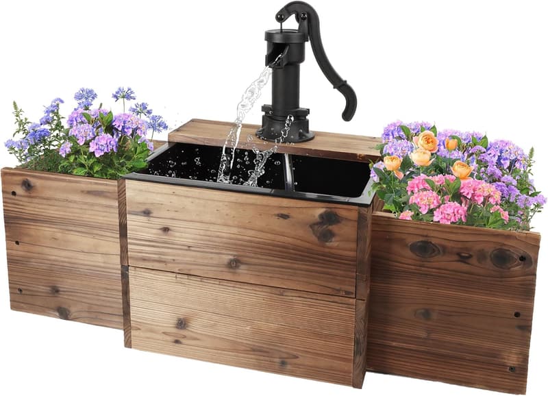 Wooden Outdoor Water Fountain with Flower Box