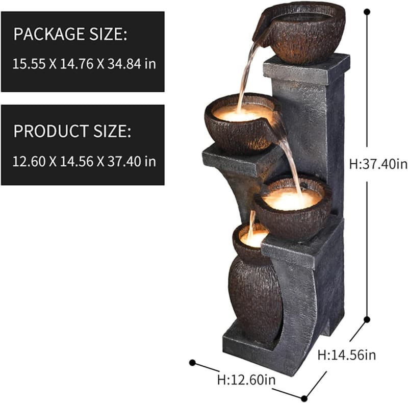 Outdoor Modern Garden Fountain with LED Light - 37.4” H