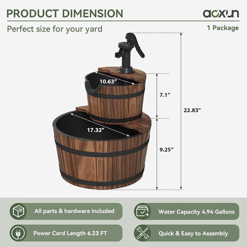 Rustic 2-Tier Outdoor Water Fountain with Electric Pump