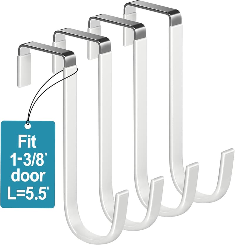 Heavy-Duty Over Door Hooks - 4 Pack with White Rubber Coating