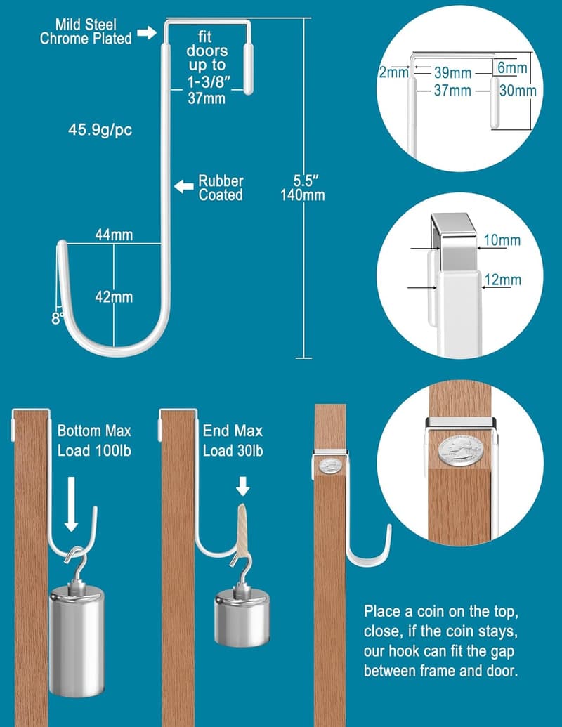 Heavy-Duty Over Door Hooks - 4 Pack with White Rubber Coating