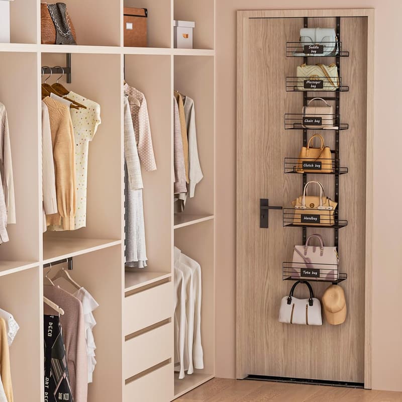 Over-the-Door Handbag Organizer Rack with Name Plate