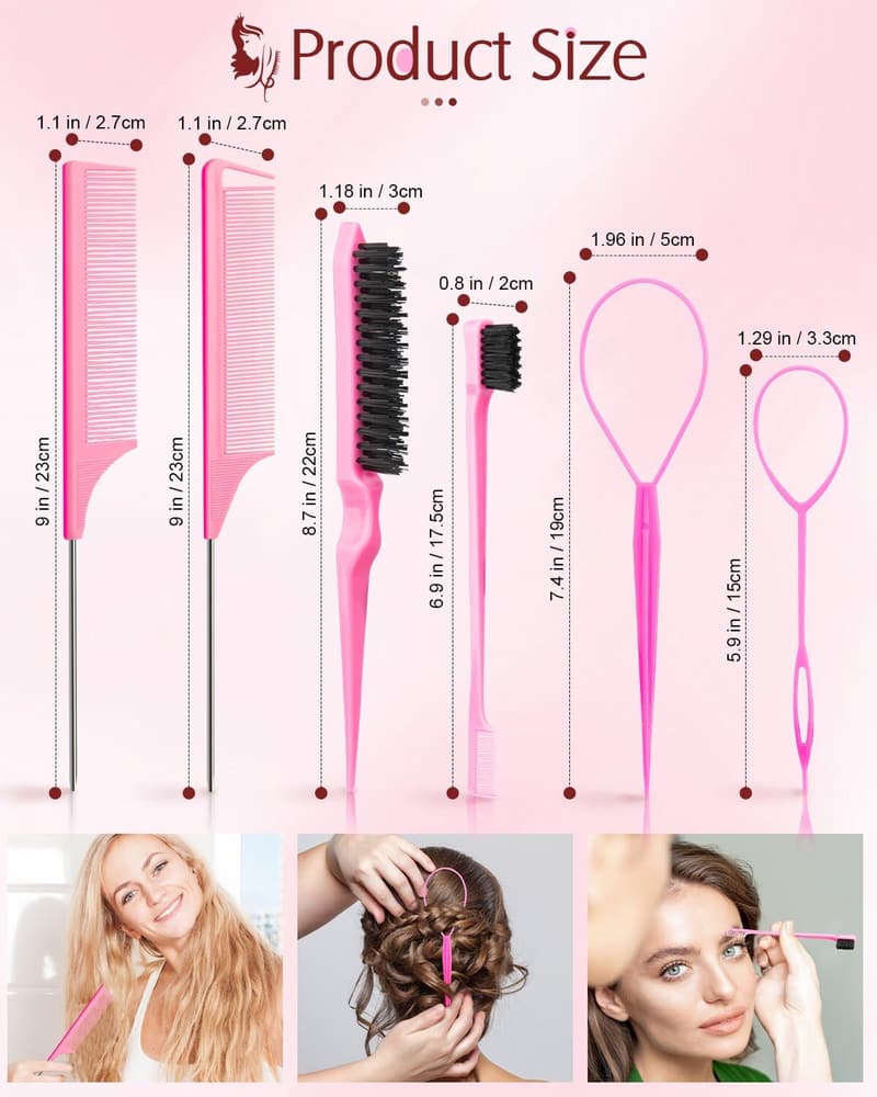 Hair Styling Combs Set for Women - 8-Piece Pink Collection