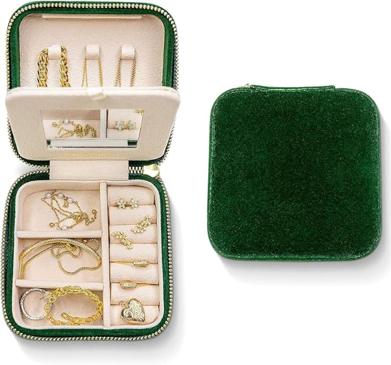 Emerald Velvet Travel Jewelry Case with Mirror for Her