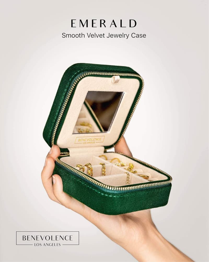 Emerald Velvet Travel Jewelry Case with Mirror for Her