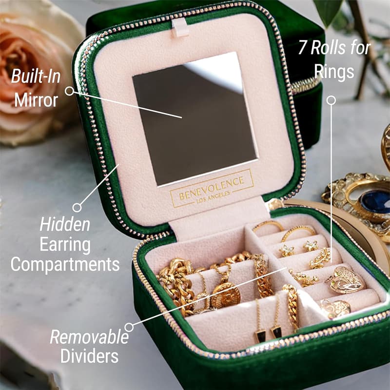 Emerald Velvet Travel Jewelry Case with Mirror for Her
