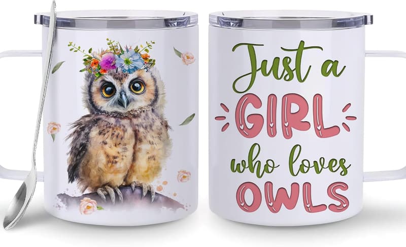 Owl Coffee Mug for Women - Stainless Steel 12oz Gift