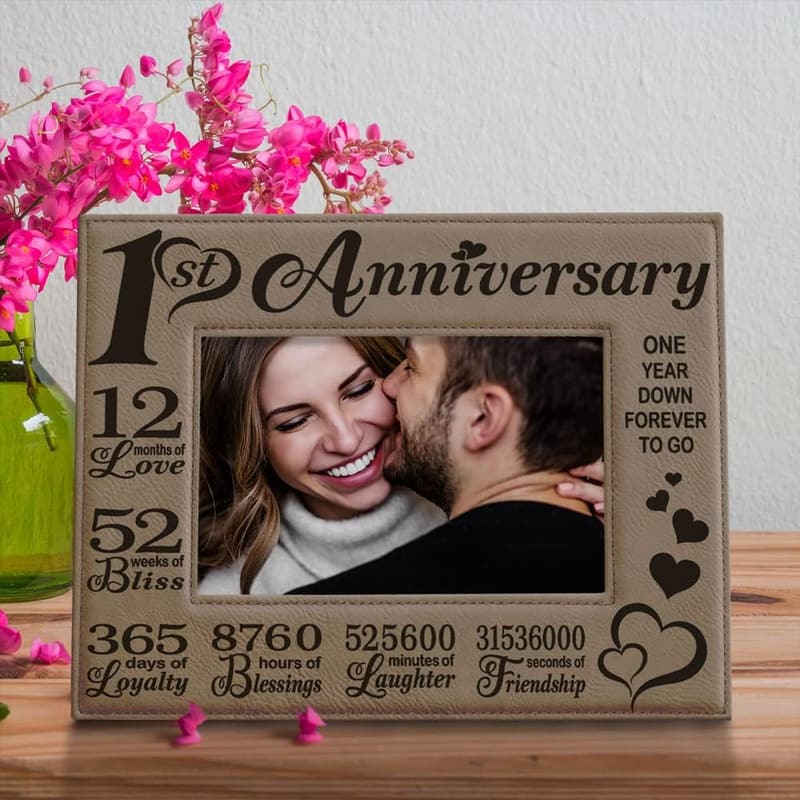 First Anniversary Engraved Leather Picture Frame for Couples