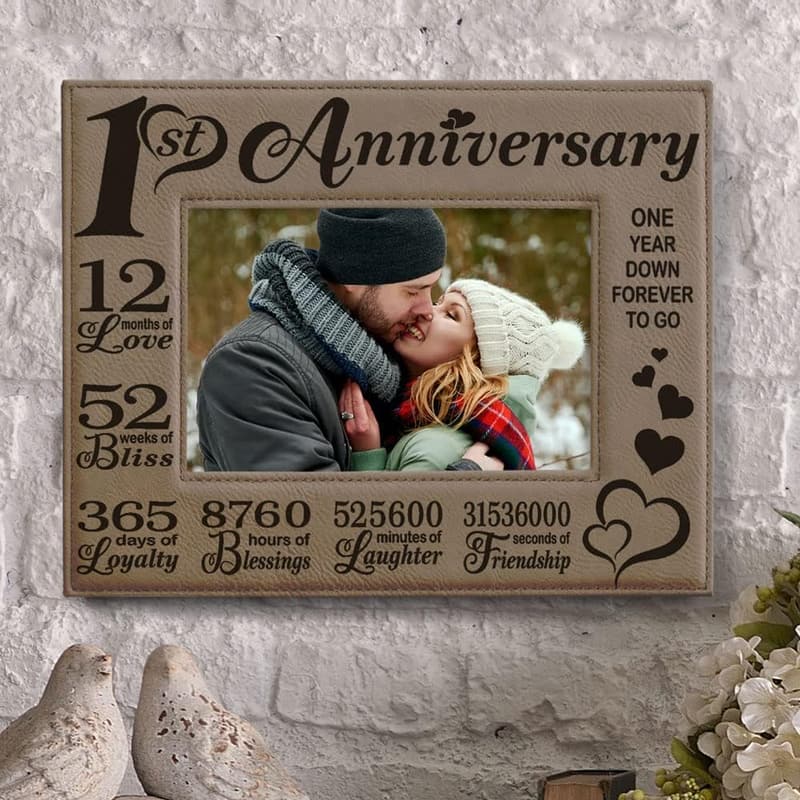 First Anniversary Engraved Leather Picture Frame for Couples
