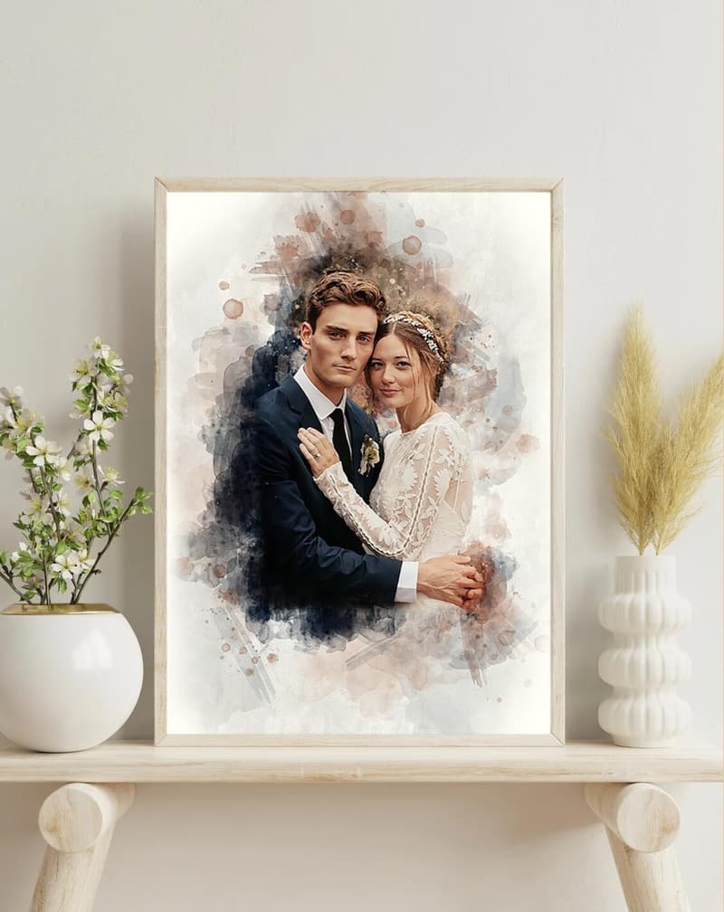 1st Anniversary Customized Watercolor Portrait Wall Art Gift