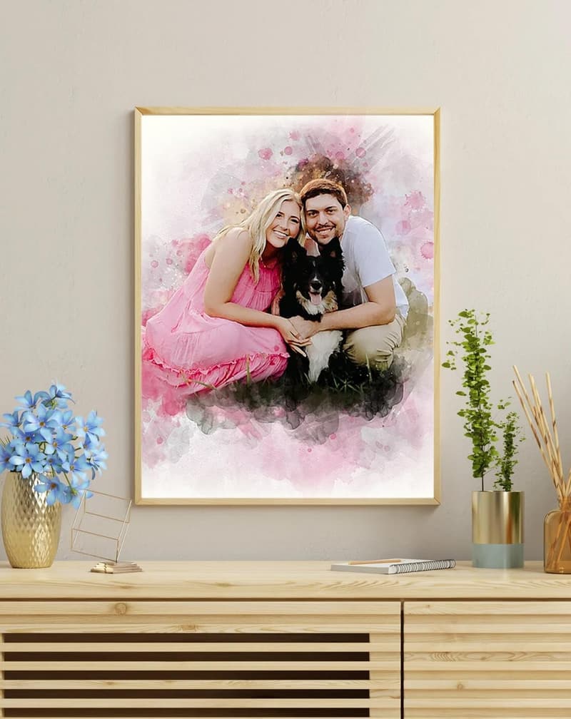 1st Anniversary Customized Watercolor Portrait Wall Art Gift