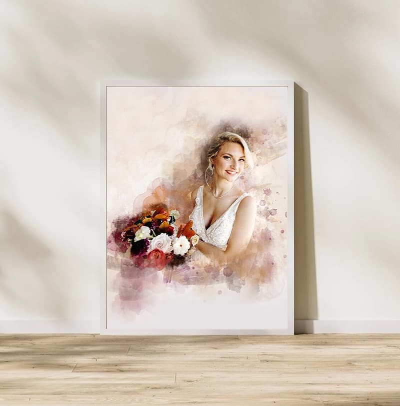 1st Anniversary Customized Watercolor Portrait Wall Art Gift