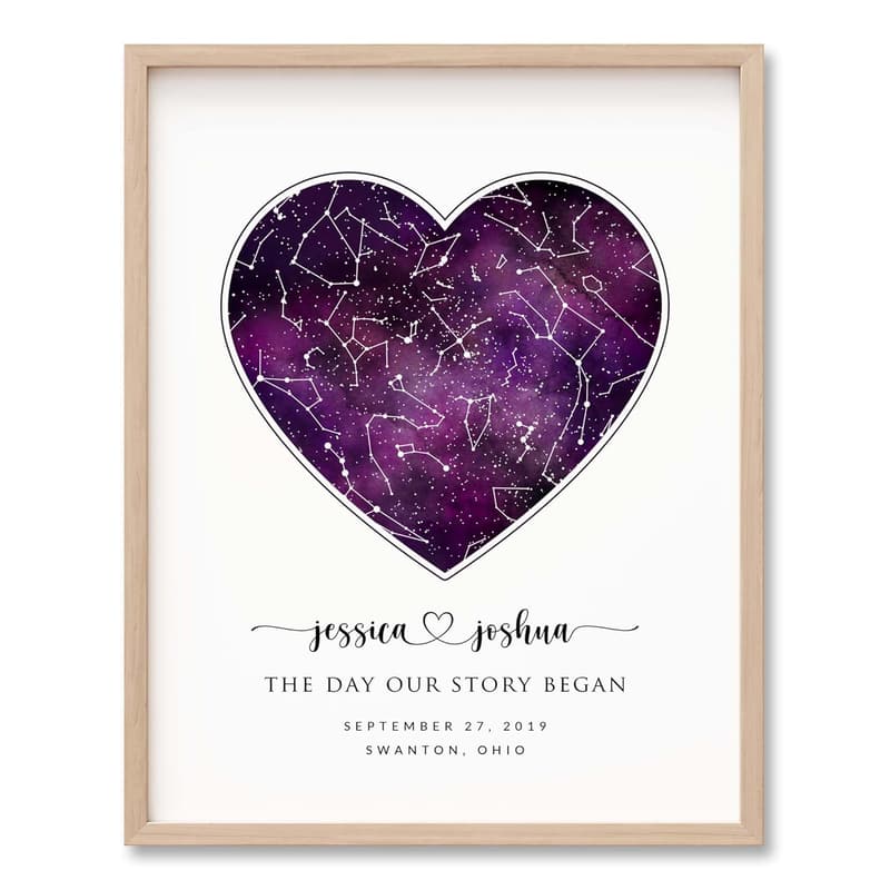 Personalized Purple Watercolor Heart Star Map Print for Couples