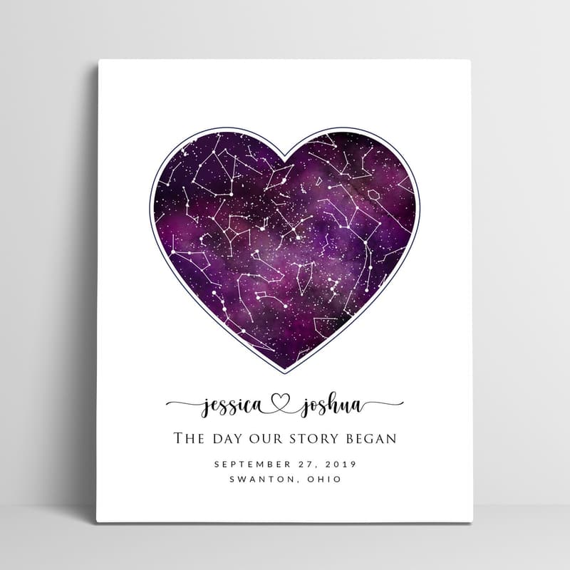 Personalized Purple Watercolor Heart Star Map Print for Couples