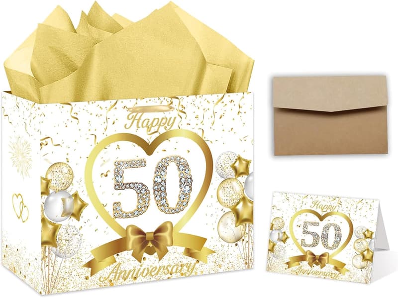 50th Anniversary White Gold Gift Bag with Tissue and Card