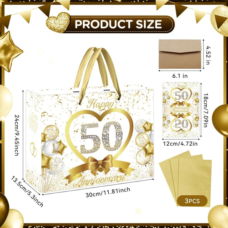 50th Anniversary White Gold Gift Bag with Tissue and Card