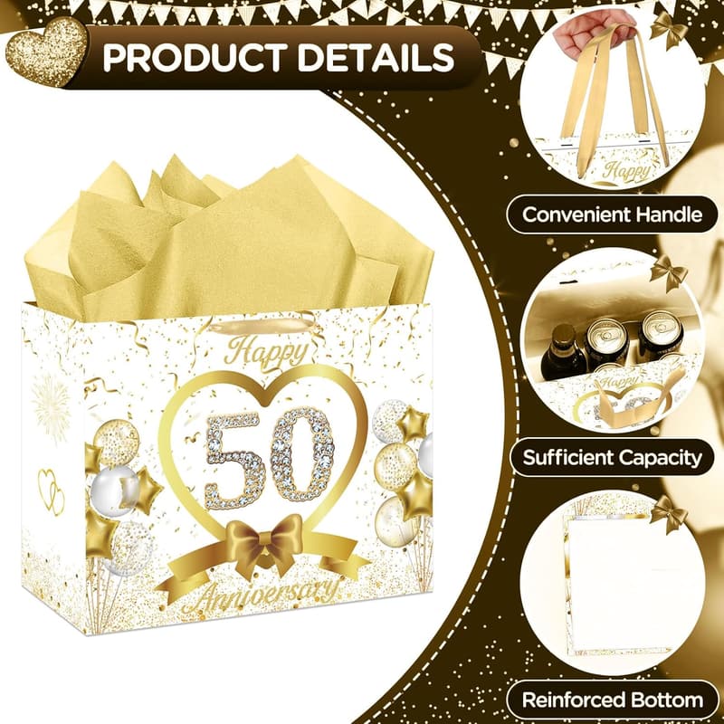 50th Anniversary White Gold Gift Bag with Tissue and Card